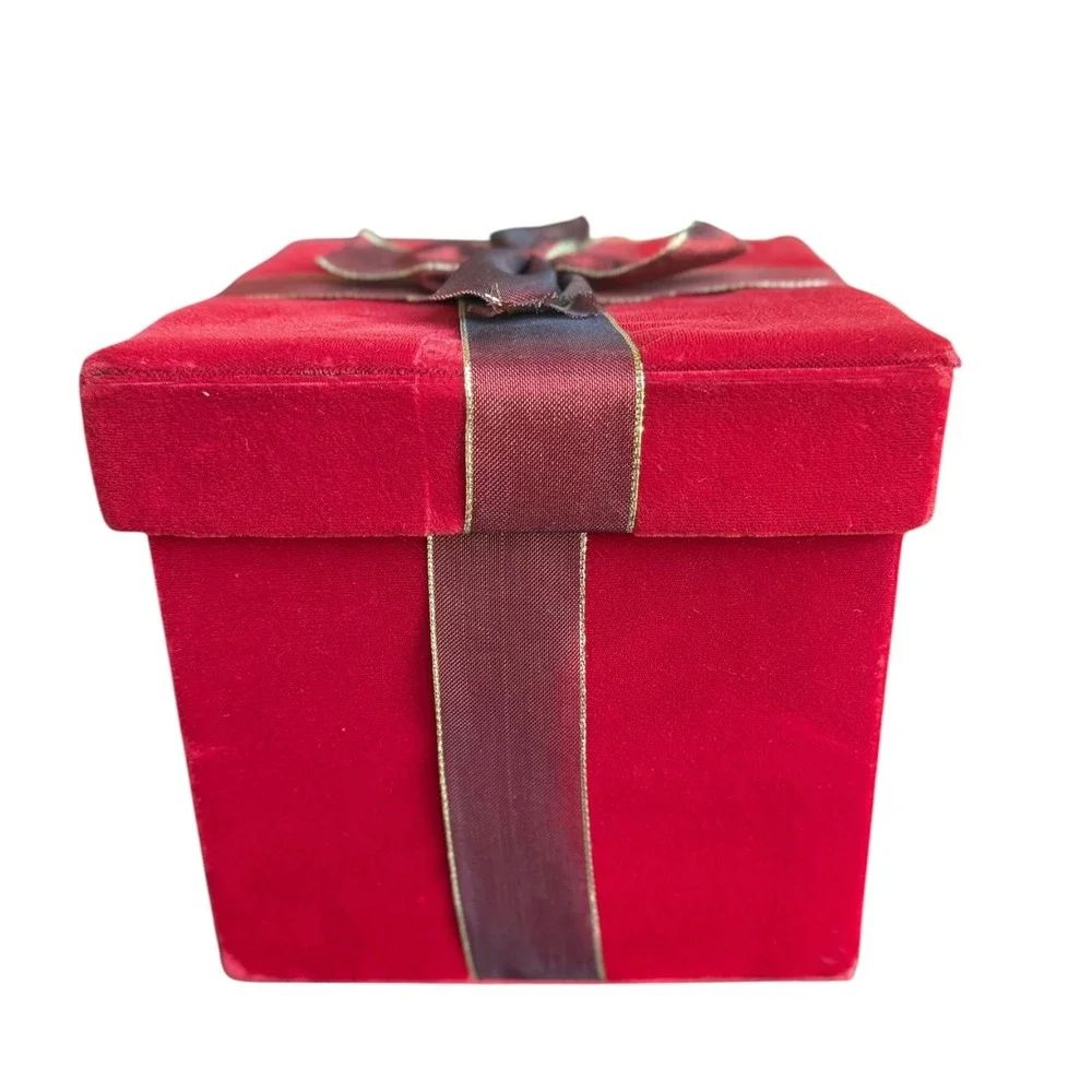 Red Velvet Christmas Gift Box Burgundy Ribbon Gold Trim Holiday Decor Storage